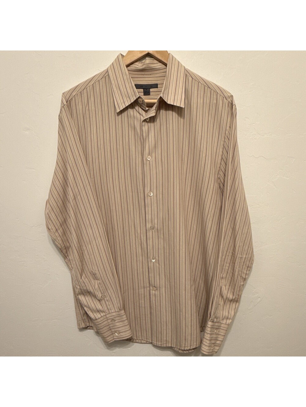 John Varvatos Men's Striped Beige Brown Dress Shirt M Long Sleeve Collared